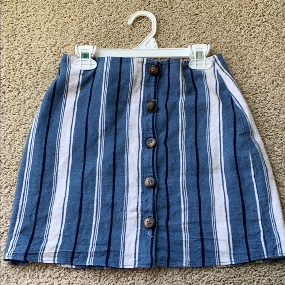 Dry goods blue and white stripe button skirt